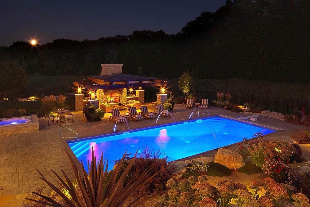 vinyl liner pool with custom water features and LED lights